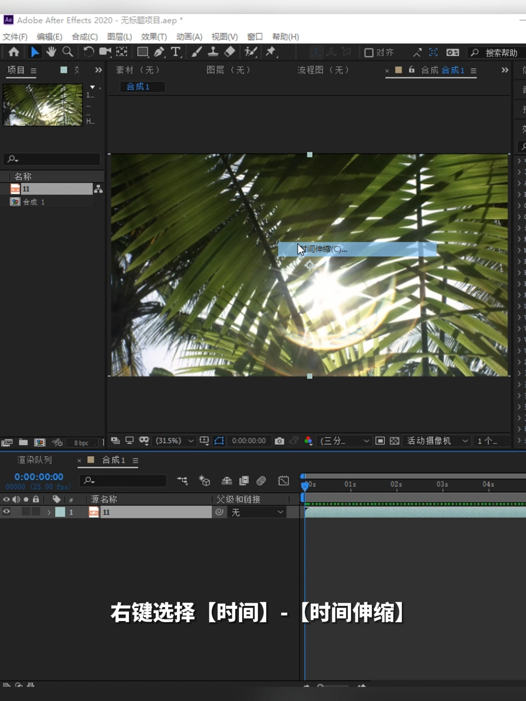 ae教程,ae技巧,ae变速,ae时间伸缩,时间重映射,快放,慢放,ae怎么让素材两倍速播放,ae怎么吧素材拉长到想要的帧数
